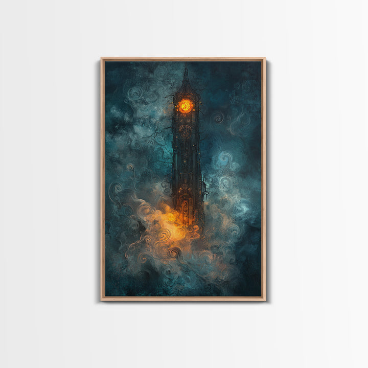 Dark Clock Tower In Teal Fog Wall Art, Gothic Fantasy Castle Canvas, Moody Steampunk Decor, Surreal Large Print, Living Room Wall Decor