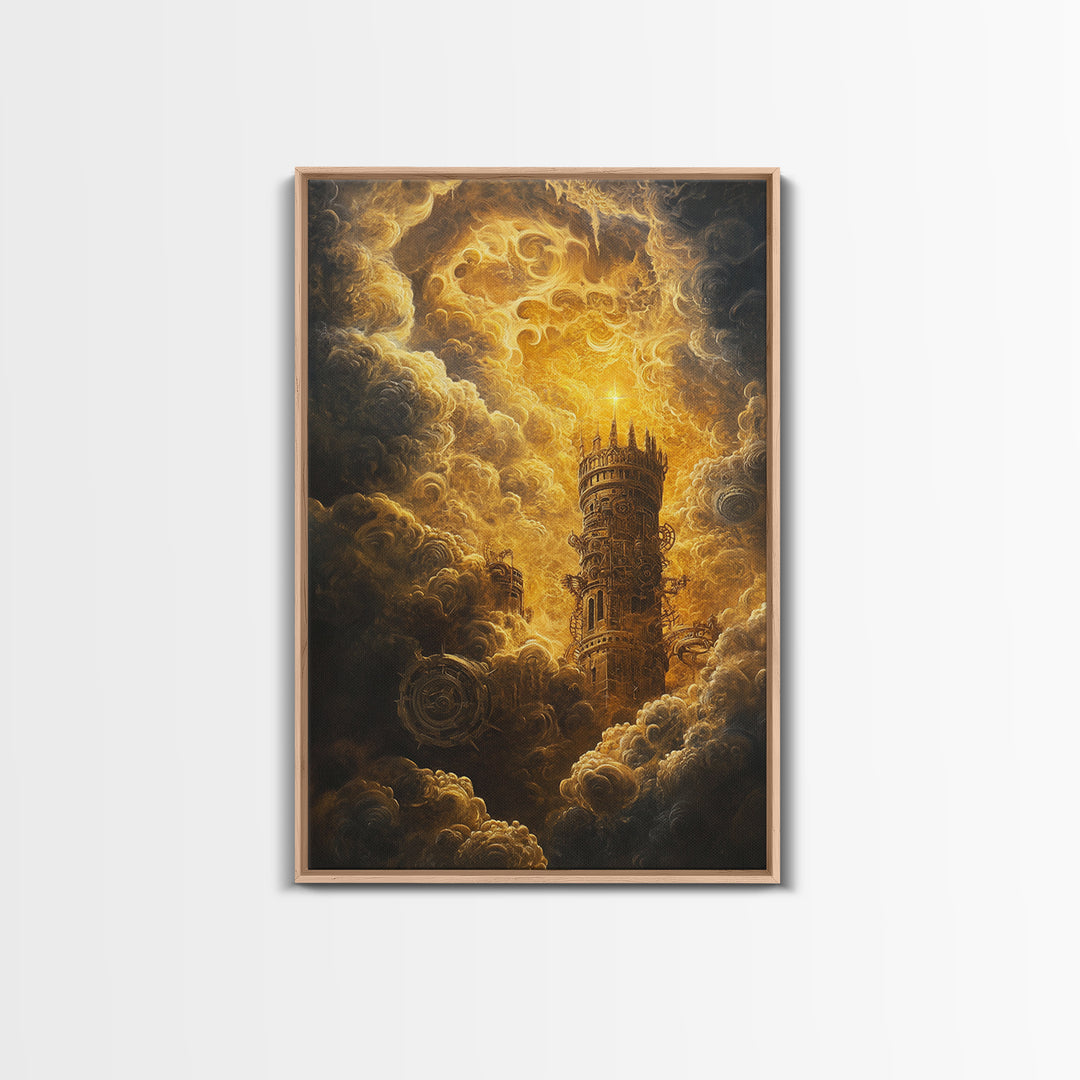 Golden Celestial Tower In Storm Clouds Canvas Print, Dark Fantasy Wall Art, Steampunk Castle, Gothic Living Room Decor Print