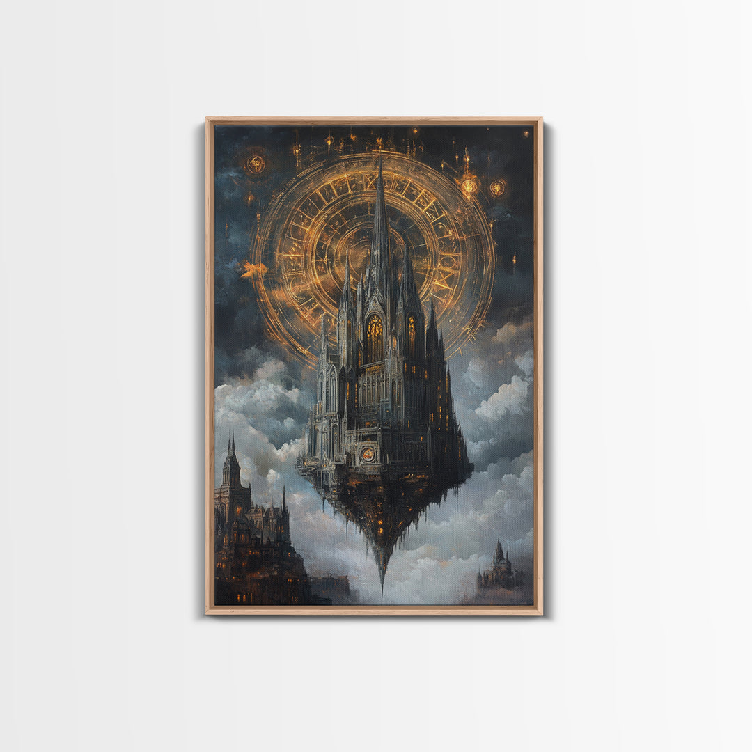 Floating Gothic Cathedral With Celestial Clock Framed Canvas Print, Dark Academia Wall Art, Steampunk Fantasy Office Decor
