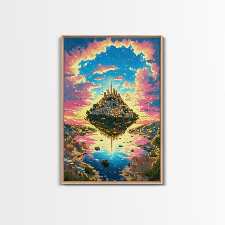Floating Island City At Pink Sunset Wall Art, Vibrant Fantasy Landscape Canvas Print, Coastal Village, Colorful Home Decor