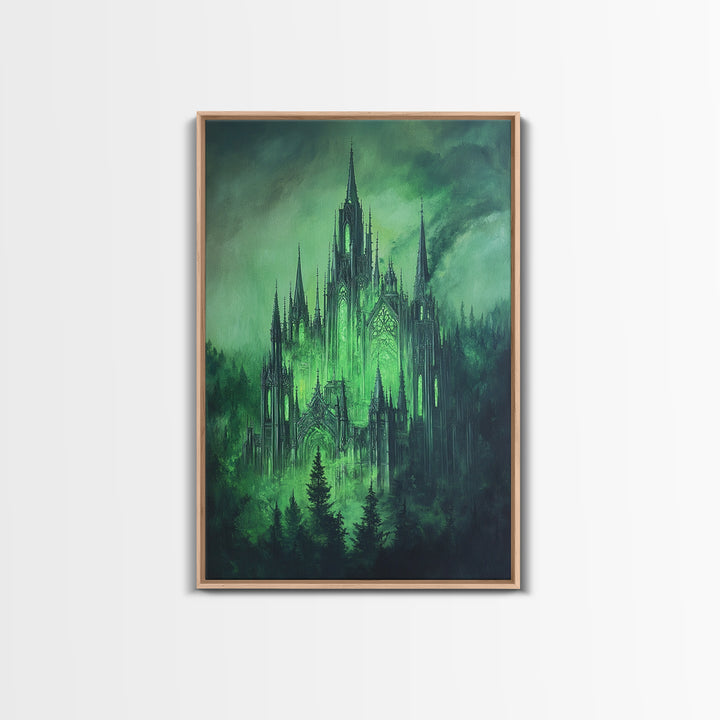 Emerald Gothic Castle In Misty Forest Wall Art, Dark Fantasy Decor, Moody Green Gothic Wall Decor, Magical Castle Print Poster