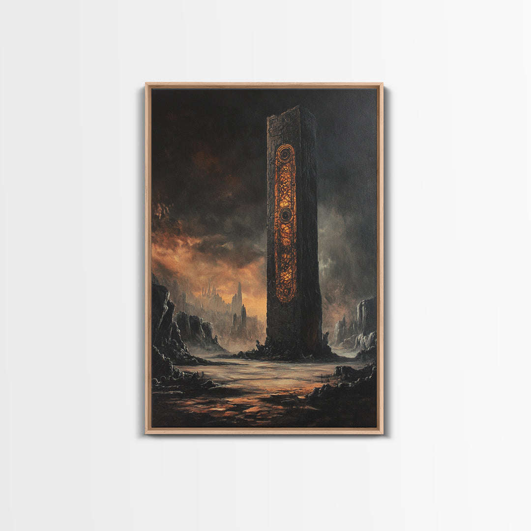 Ancient Rune Monolith In Dark Wasteland Canvas Print, Dystopian Sci Fi Wall Decor, Futuristic Tower Art, Gothic Home Decor