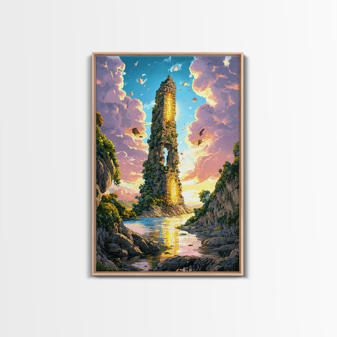 Sunlit Ruined Tower With Golden Portal Canvas Print, Fantasy River Landscape Art, Vibrant Coastal Wall Decor, Magical Home Decor
