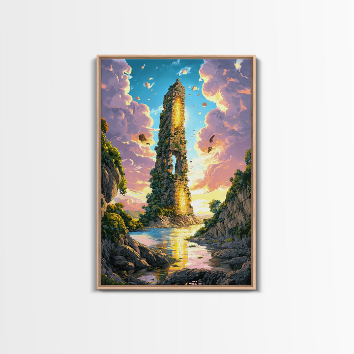 Sunlit Ruined Tower With Golden Portal Canvas Print, Fantasy River Landscape Art, Vibrant Coastal Wall Decor, Magical Home Decor