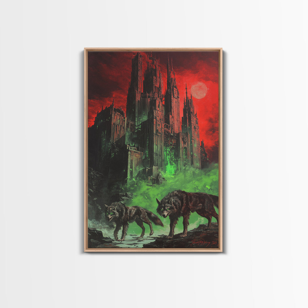 Red Moon Gothic Citadel With Wolves Wall Art, Dark Fantasy Castle Print, Black And Red Wall Decor, Moody Gothic Home Decor
