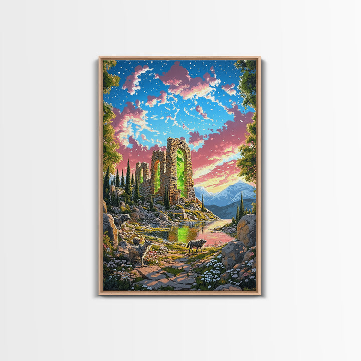 Sunset Stone Ruins With Green Portal Canvas Print, Fantasy Mountain Landscape Wall Art, Vibrant Nature Decor, Whimsical Goat Art