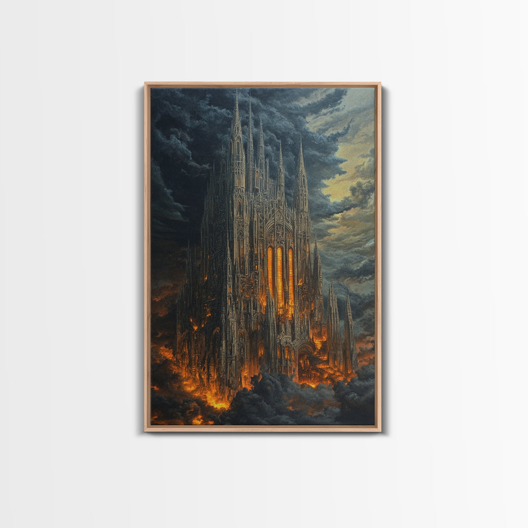 Fiery Gothic Cathedral In Storm Clouds Framed Canvas Print, Dark Fantasy Wall Art, Moody Medieval Decor For Dramatic Rooms