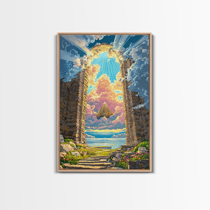 Stone Portal To Floating Castle Framed Canvas Print, Fantasy Landscape Wall Art, Magical Ruins Decor, Unique Gift For Her