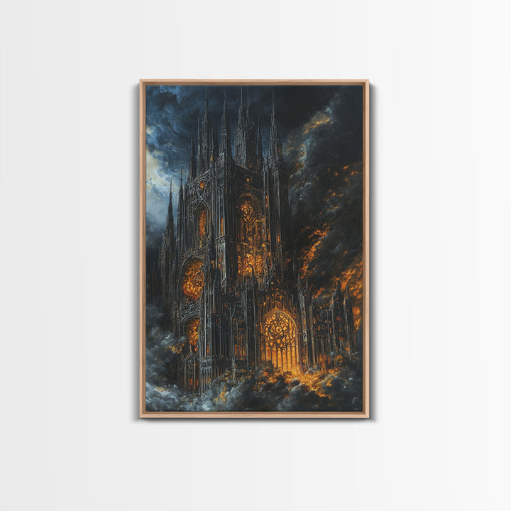 Burning Gothic Cathedral Under Stormy Sky Framed Canvas Print, Dark Academia Wall Art, Moody Medieval Decor Gift For Him