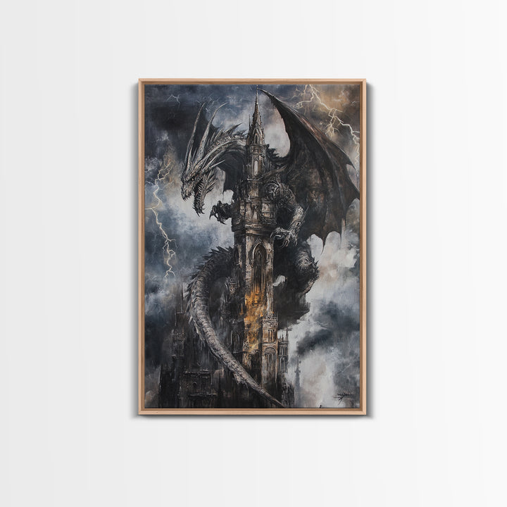 Dark Storm Dragon Cathedral Wall Art, Gothic Fantasy Castle Canvas, Lightning Dragon Print, Moody Medieval Home Decor Gift