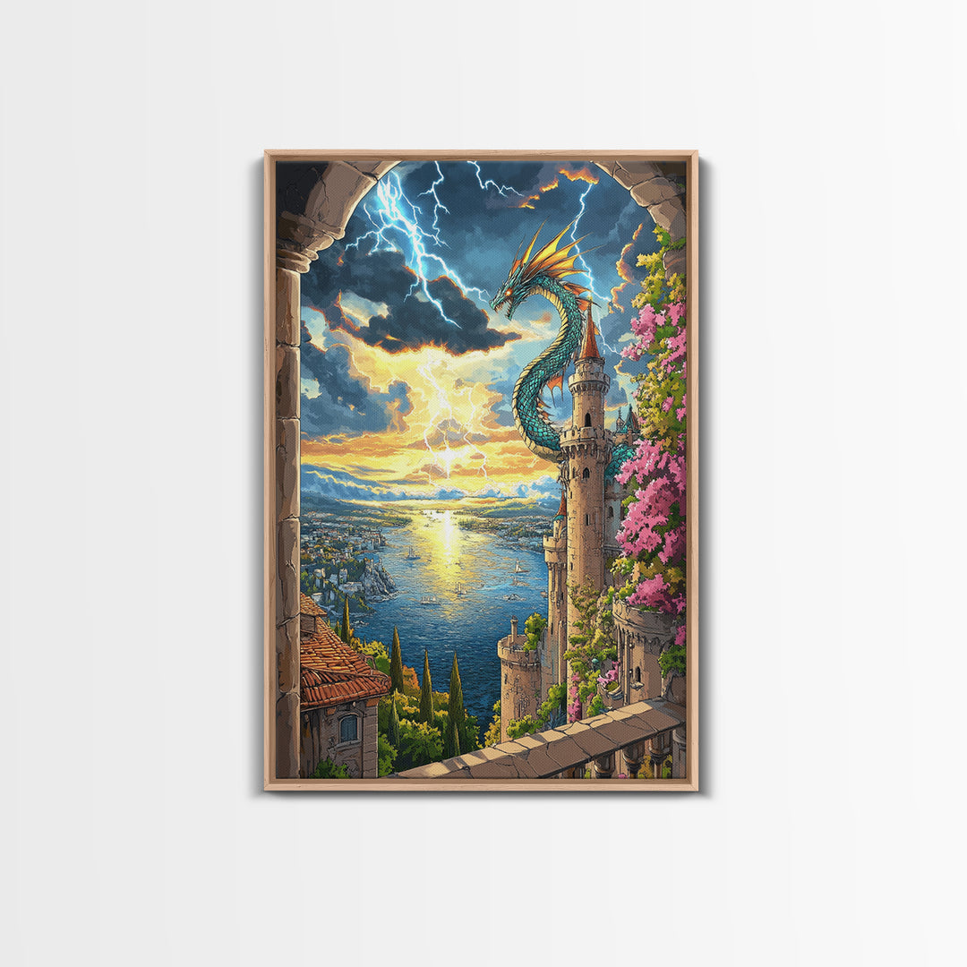 Sunset Sea Dragon Castle Wall Art, Vibrant Fantasy Coastal Landscape Print, Mediterranean Tower Living Room Decor, Gift For Her