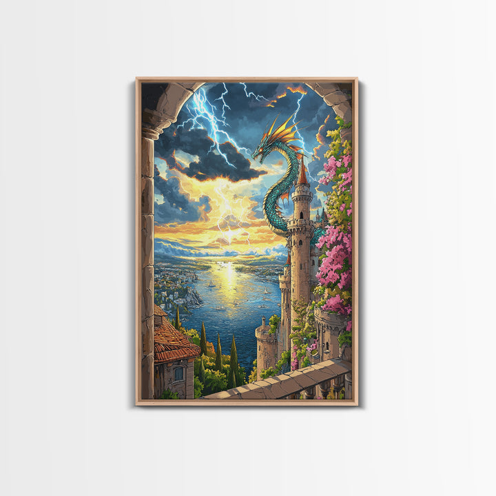 Sunset Sea Dragon Castle Wall Art, Vibrant Fantasy Coastal Landscape Print, Mediterranean Tower Living Room Decor, Gift For Her
