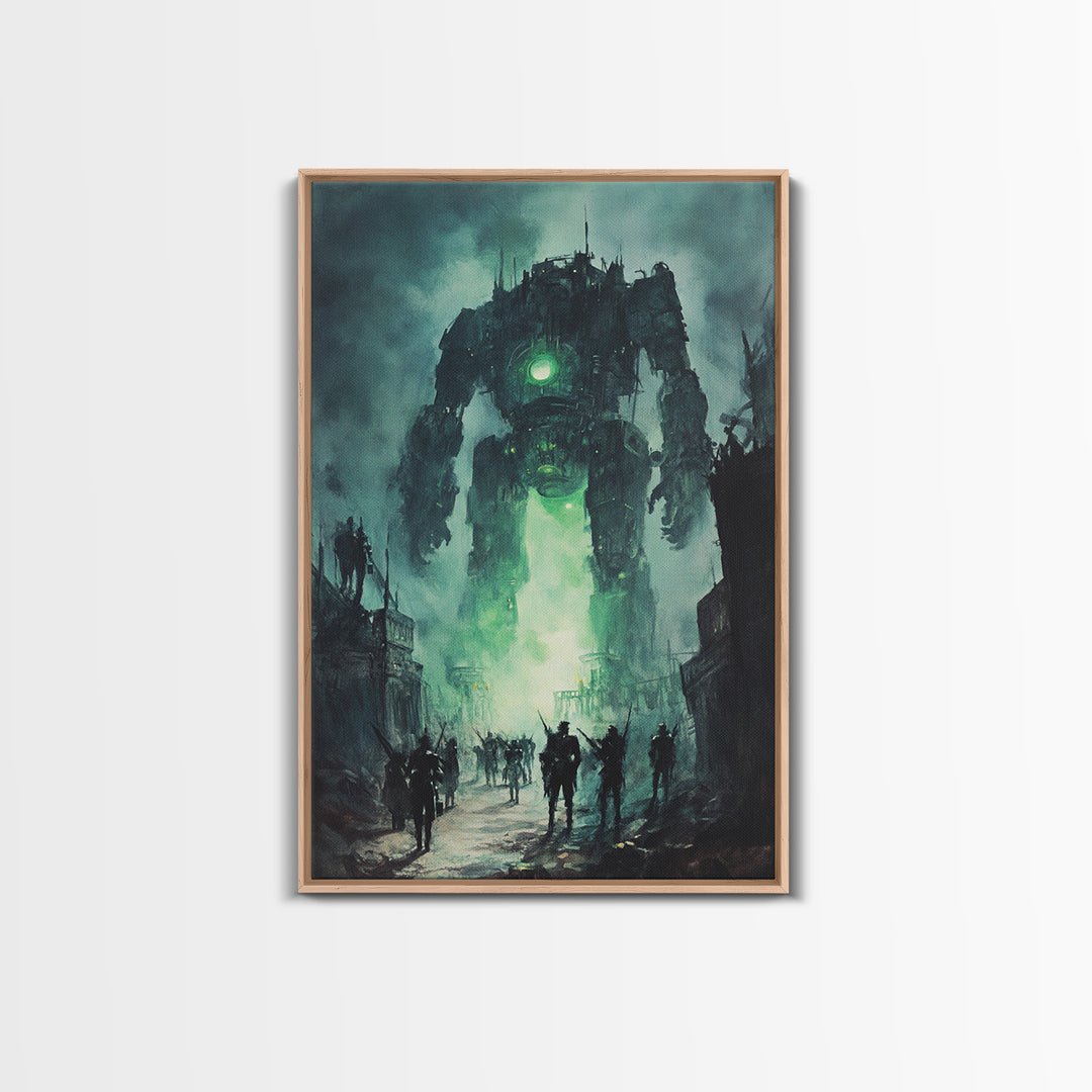 Green Glow Giant Robot Wall Art, Dark Sci Fi Dystopian City Canvas, Futuristic Mech Print, Gaming Room Decor Gift For Him