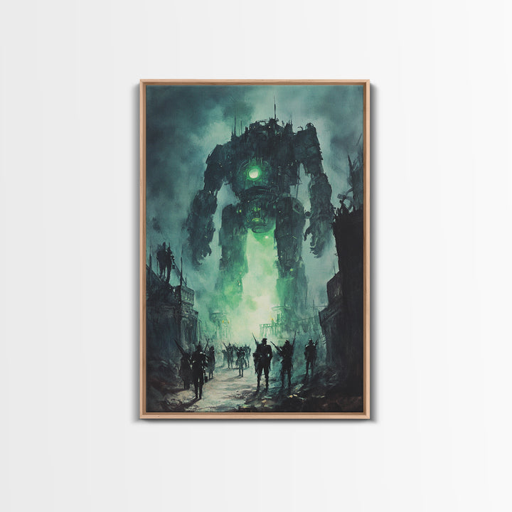 Green Glow Giant Robot Wall Art, Dark Sci Fi Dystopian City Canvas, Futuristic Mech Print, Gaming Room Decor Gift For Him