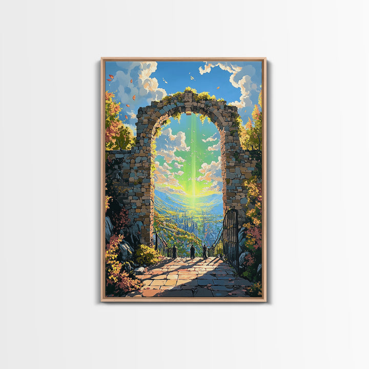 Sunlit Stone Arch Wall Art, Fantasy Coastal Ruins Canvas Print, Ocean Garden Path Landscape, Mediterranean Home Decor Gift