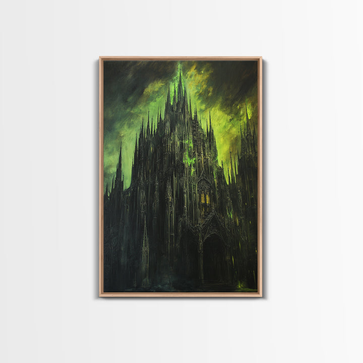 Dark Green Gothic Cathedral Wall Art, Moody Fantasy Castle Canvas Print, Black Spire Architecture, Dark Academia Decor Gift