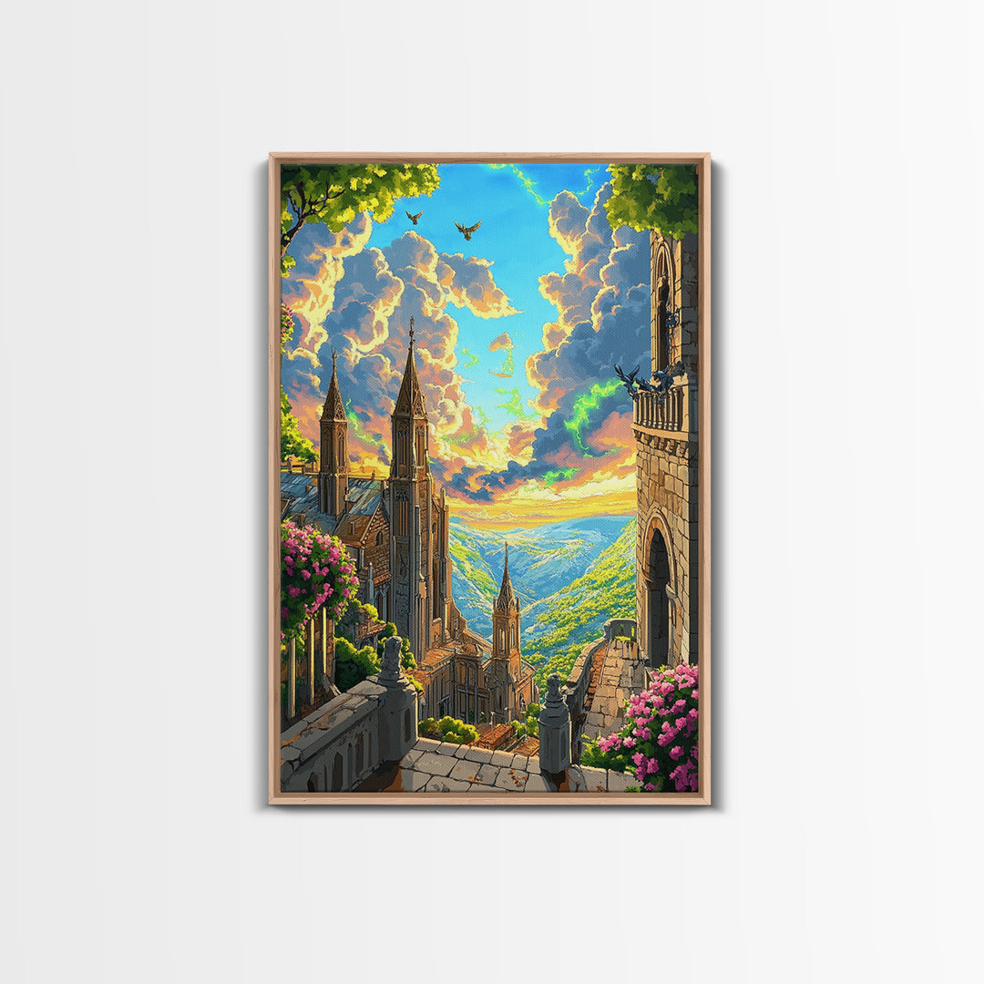 Sunlit Fantasy Cathedral Wall Art, Mountain Valley Castle Print, Floral Stone Balcony Landscape, Whimsical Home Decor Gift