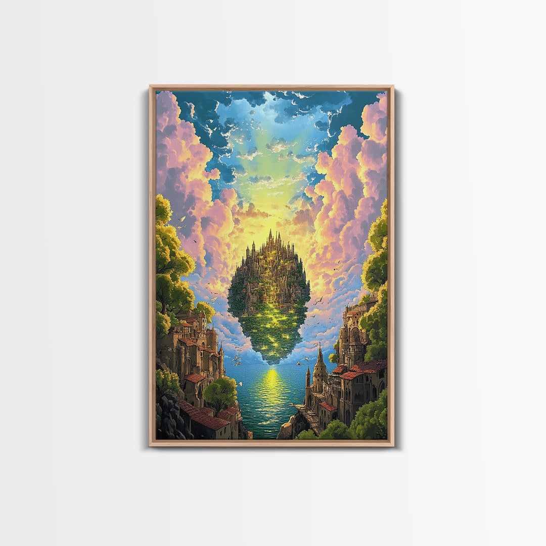 Floating Island Castle At Golden Sunset Canvas Print, Fantasy Wall Decor, Coastal Landscape Art, Large Living Room Decor