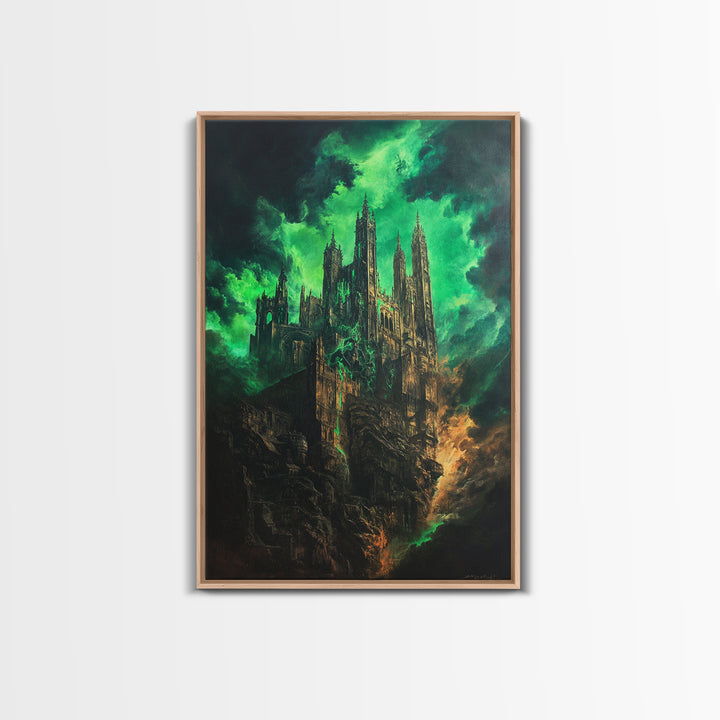 Emerald Gothic Cathedral In Storm Clouds Framed Canvas Print, Dark Fantasy Art, Moody Wall Decor, Dramatic Office Decor