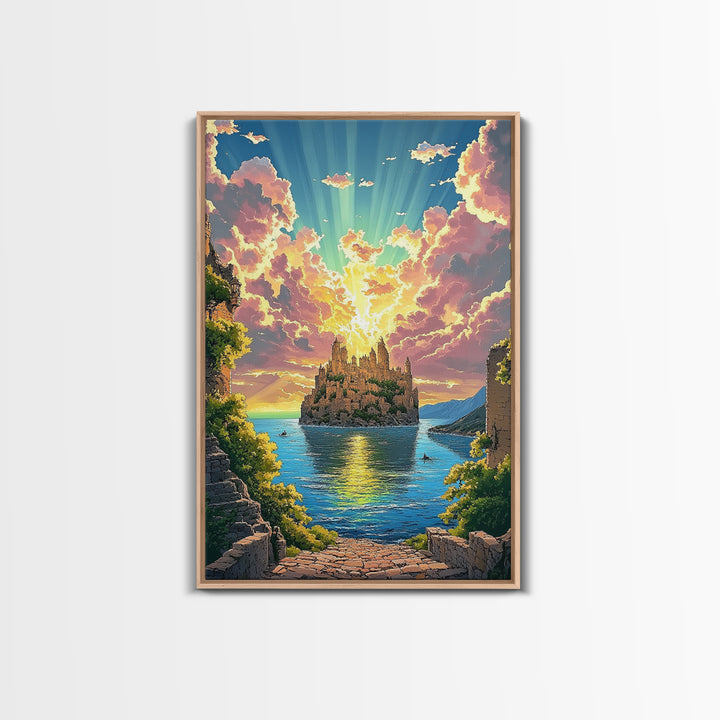 Sunlit Island Castle With Pink Clouds Canvas Print, Fantasy Landscape Wall Art, Coastal Decor, Large Living Room Art, Home Decor