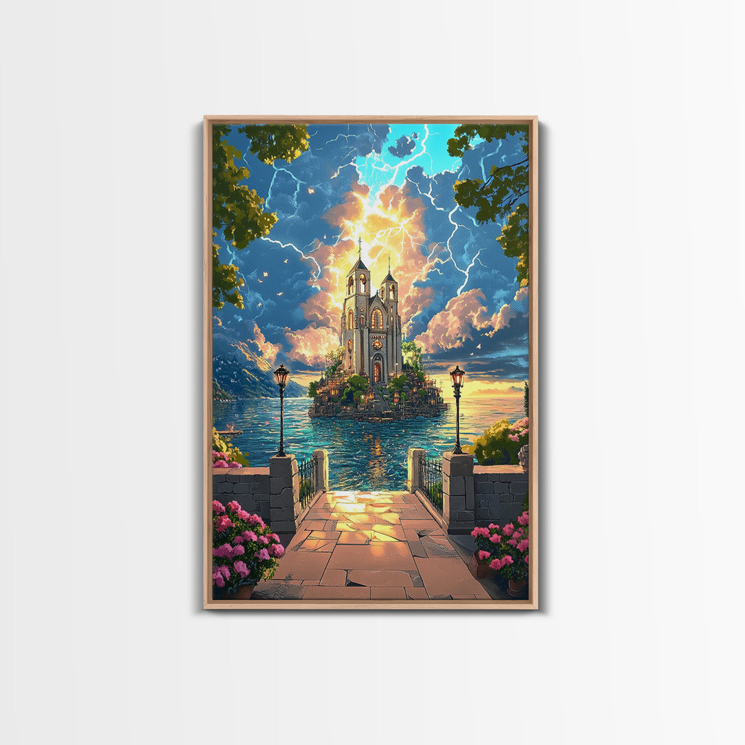 Lightning Over Island Cathedral And Lake Walkway Wall Art, Fantasy Landscape Print, Statement Living Room Decor Gift Idea