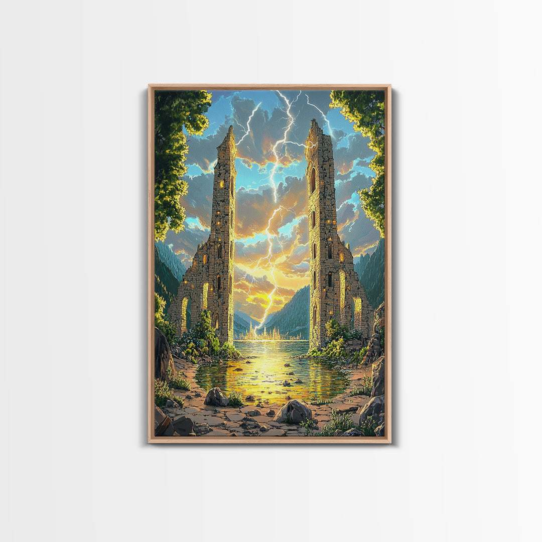 Ancient Ruined Towers With Lightning At Lake Canvas Print, Fantasy Landscape Wall Art, Mountain Decor, Dramatic Home Decor