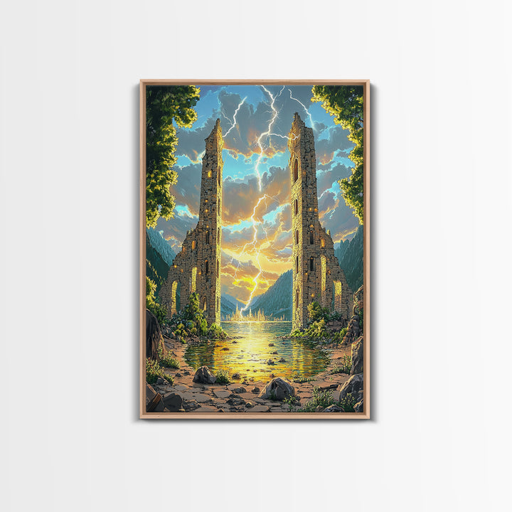 Ancient Ruined Towers With Lightning At Lake Canvas Print, Fantasy Landscape Wall Art, Mountain Decor, Dramatic Home Decor
