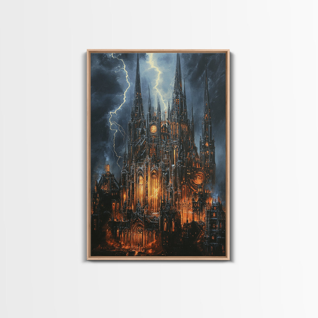 Stormy Gothic Cathedral With Orange Glow Framed Canvas Print, Dark Academia Wall Art, Moody Office Decor, Fantasy Art, Gift