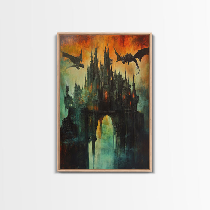 Dragon Silhouettes Above Dark Castle Canvas Print, Gothic Fantasy Wall Art, Surreal Art Print, Moody Living Room Decor, Gift