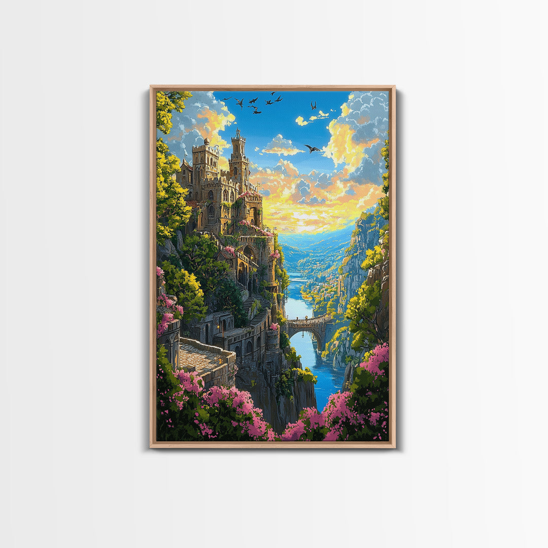Cliffside Castle Garden Over Blue Valley Wall Art, Fantasy Landscape Print, Colorful Home Decor, Large Living Room Art, Gift