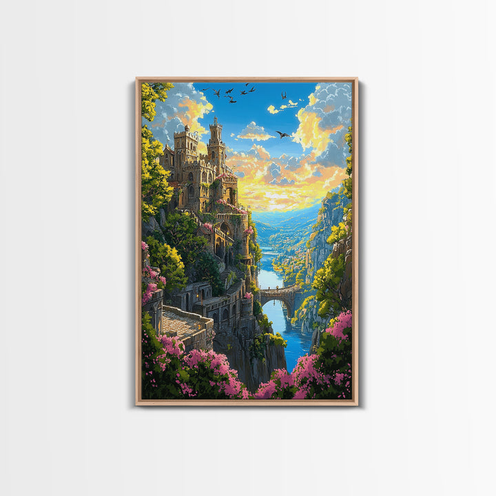 Cliffside Castle Garden Over Blue Valley Wall Art, Fantasy Landscape Print, Colorful Home Decor, Large Living Room Art, Gift