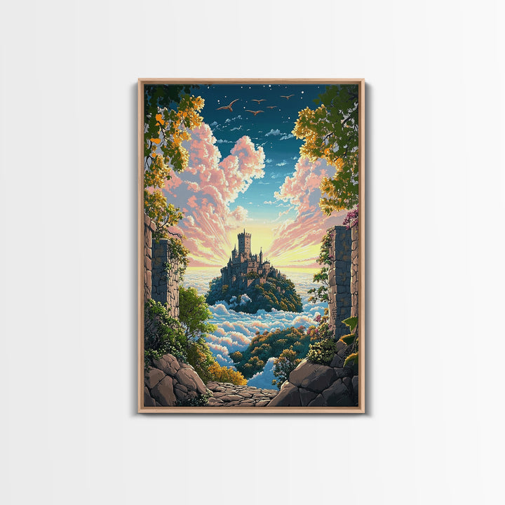 Castle Above Clouds Through Stone Gate Canvas Print, Dreamy Fantasy Wall Art, Whimsical Decor, Large Bedroom Wall Art, Gift