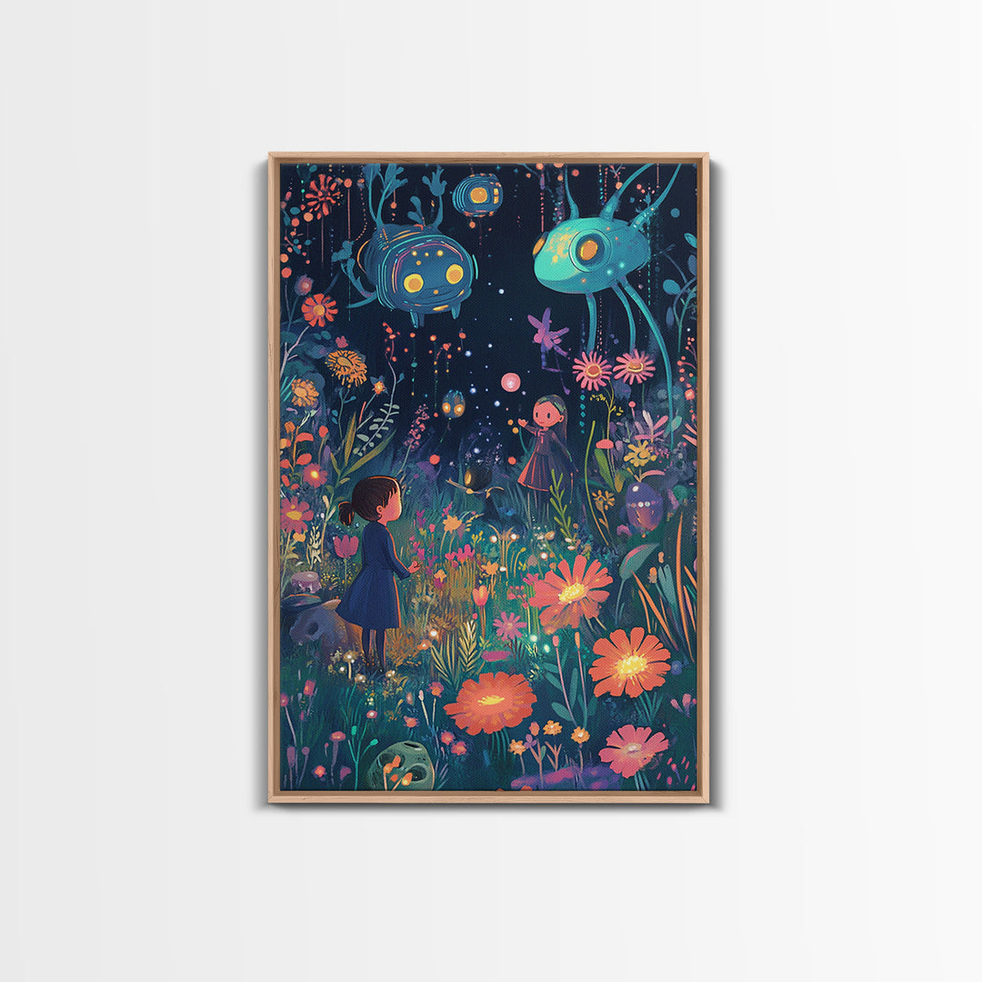 Whimsical Night Garden With Glowing Flowers Canvas Print, Kids Room Wall Art, Nursery Decor, Colorful Fantasy Art Gift Idea
