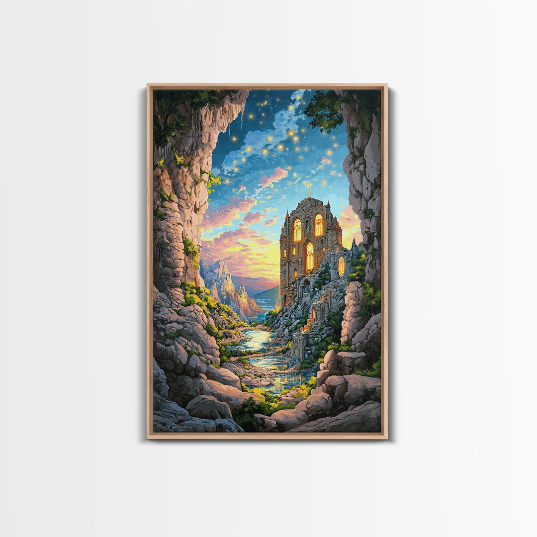 Twilight Cave Ruins With Glowing Windows And Starry Sky Framed Canvas Print, Fantasy Mountain Wall Decor For Cozy Home Gift