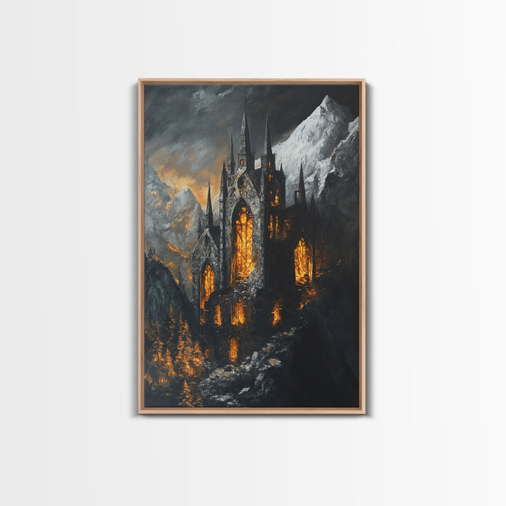 Dark Gothic Cathedral In Snowy Mountains With Amber Windows Canvas Print, Moody Fantasy Wall Art, Dark Academia Decor For Office