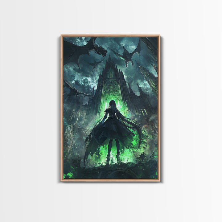 Dark Dragon Cathedral With Green Portal And Girl Silhouette Framed Canvas Print, Gothic Fantasy Wall Art, Moody Decor Gift