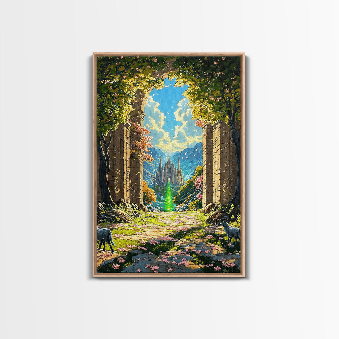 Enchanted Garden Archway To Distant Cathedral With Green Magic Wall Art, Fantasy Landscape Print, Whimsical Decor For Living Room