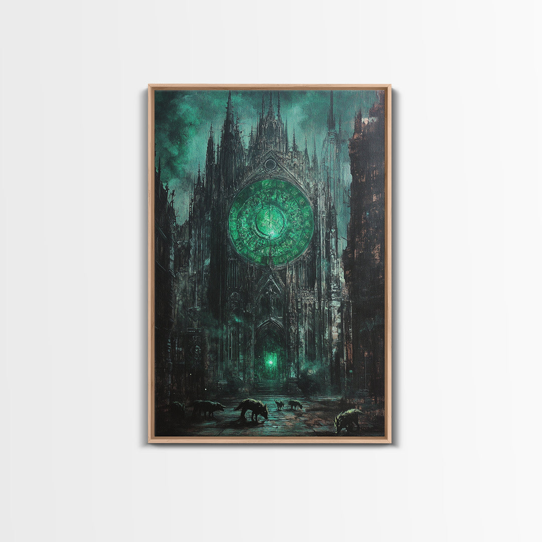 Emerald Rose Window On Dark Gothic Cathedral With Wolves Wall Art, Moody Fantasy Print, Dark Academia Office Decor For Living Room