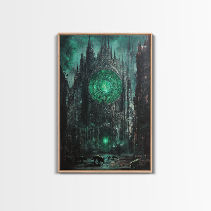 Emerald Rose Window On Dark Gothic Cathedral With Wolves Wall Art, Moody Fantasy Print, Dark Academia Office Decor For Living Room