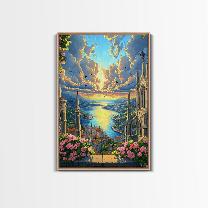 Sunset Harbor City From Cathedral Balcony With Pink Flowers Framed Canvas Print, Coastal Fantasy Wall Art, Home Decor For Living Room