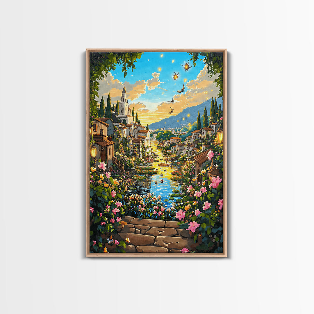 Sunlit Fantasy Village Canal With Flowers Canvas Print, Mediterranean Castle Wall Art For Living Room Decor Housewarming Gift
