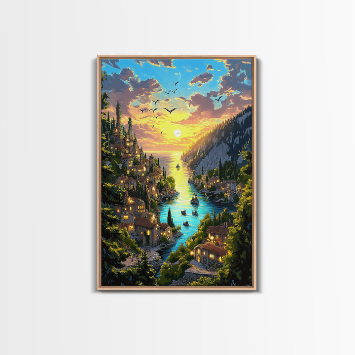 Glowing River Valley Castle Village Canvas Print, Fantasy Landscape Wall Art For Cozy Living Room Decor Housewarming Gift