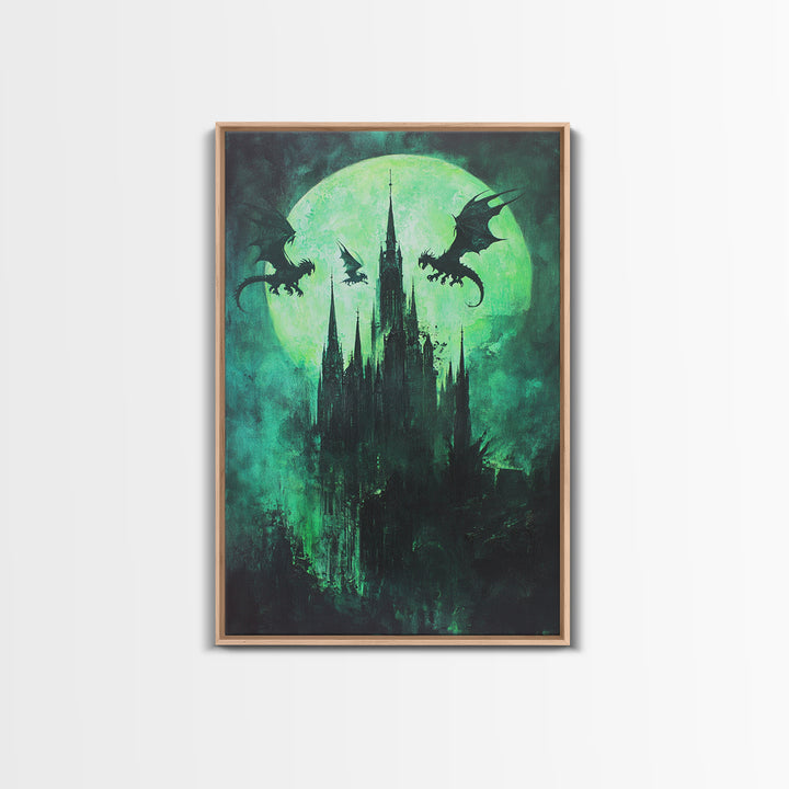 Green Moon Dragon Castle Framed Canvas Print, Gothic Dark Fantasy Wall Art For Moody Bedroom Decor Halloween Gift For Him