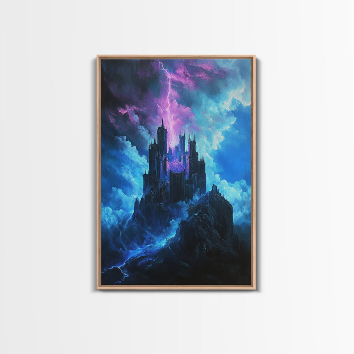 Stormy Gothic Castle With Purple Lightning Canvas Print, Dark Fantasy Wall Art For Moody Bedroom And Office Decor Gift For Him