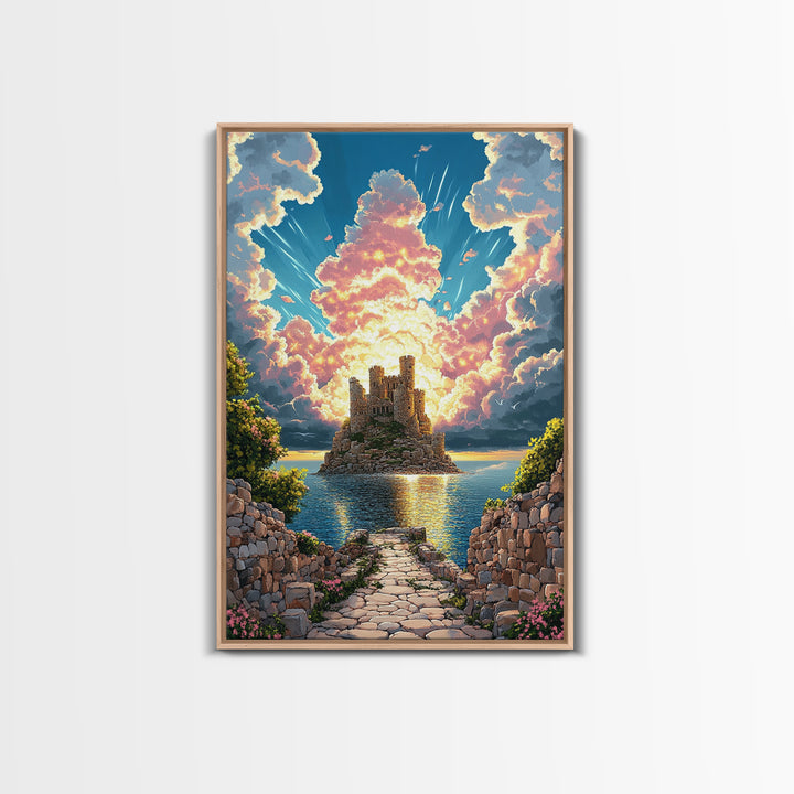 Island Castle Ruins Under Radiant Clouds Canvas Print, Coastal Fantasy Wall Art For Living Room Home Decor Housewarming Gift