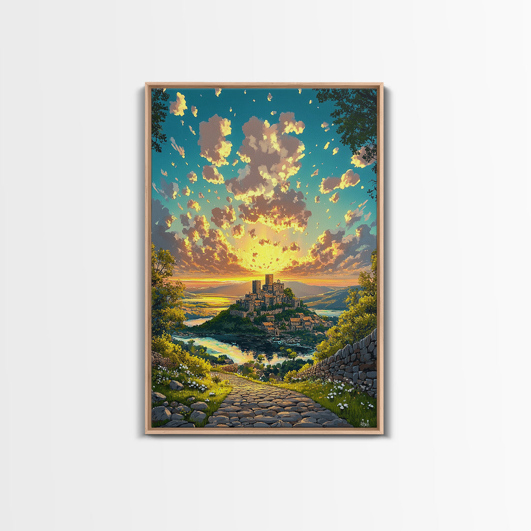 Sunrise Hilltop Castle Village Stone Path Canvas Print, Fantasy Landscape Wall Art For Living Room Decor Housewarming Gift