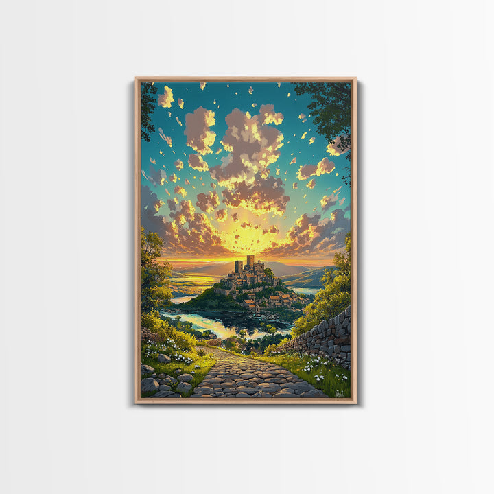 Sunrise Hilltop Castle Village Stone Path Canvas Print, Fantasy Landscape Wall Art For Living Room Decor Housewarming Gift