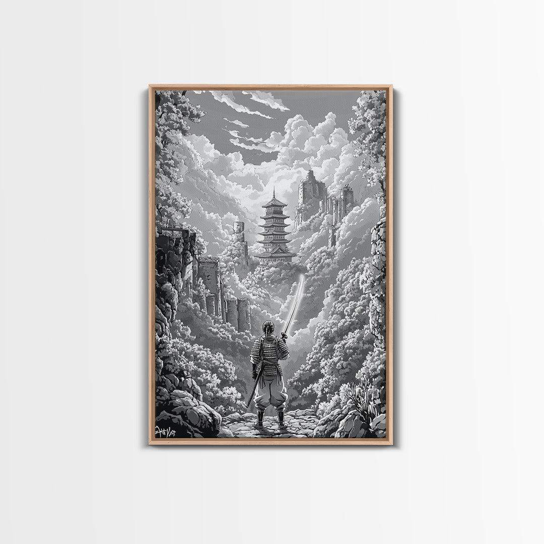 Black And White Samurai Temple Wall Art, Japanese Pagoda Fantasy Print, Monochrome Landscape, Framed Canvas Print, Home Decor