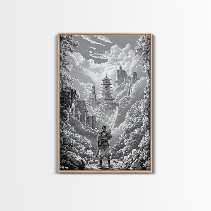 Black And White Samurai Temple Wall Art, Japanese Pagoda Fantasy Print, Monochrome Landscape, Framed Canvas Print, Home Decor