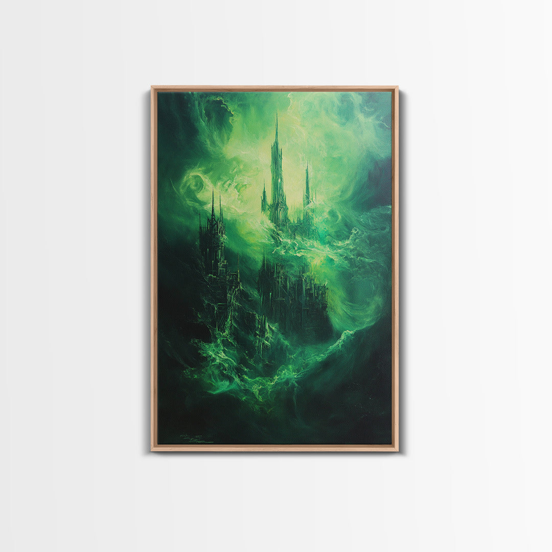 Emerald Gothic Floating Castle Large Canvas Print, Dark Fantasy Wall Art, Surreal Green Cityscape, Moody Home Decor Gift